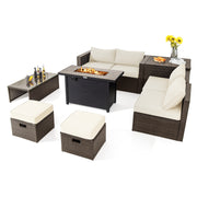 Costway - 9 Pieces Outdoor Patio Furniture Set with 42 Inch Propane Fire Pit Table-White