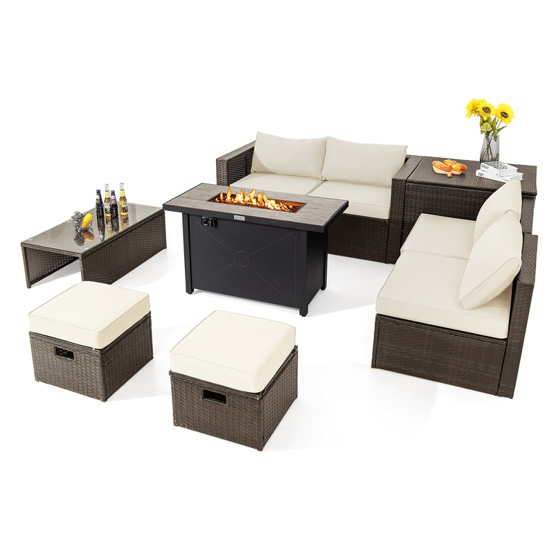 Costway - 9 Pieces Outdoor Patio Furniture Set with 42 Inch Propane Fire Pit Table-White