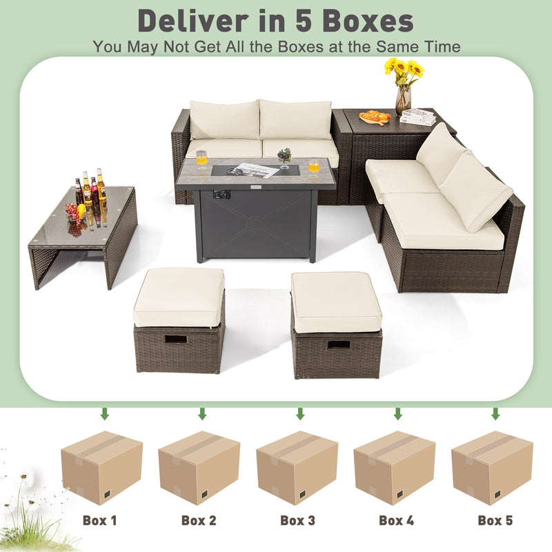 Costway - 9 Pieces Outdoor Patio Furniture Set with 42 Inch Propane Fire Pit Table-White