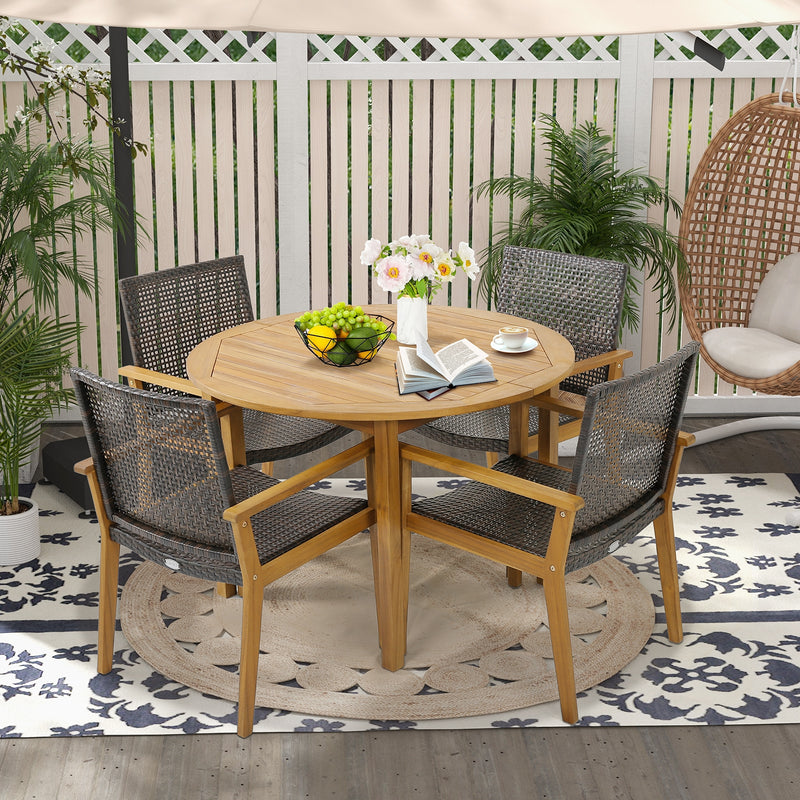 Costway - Set of 4 Outdoor Rattan Chair with Sturdy Acacia Wood Frame-Set of 4