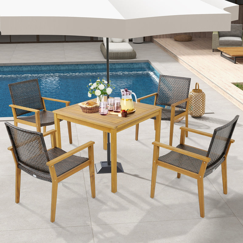 Costway - Set of 4 Outdoor Rattan Chair with Sturdy Acacia Wood Frame-Set of 4