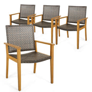 Costway - Set of 4 Outdoor Rattan Chair with Sturdy Acacia Wood Frame-Set of 4