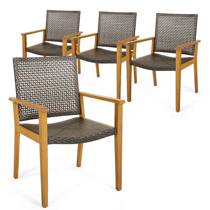 Costway - Set of 4 Outdoor Rattan Chair with Sturdy Acacia Wood Frame-Set of 4
