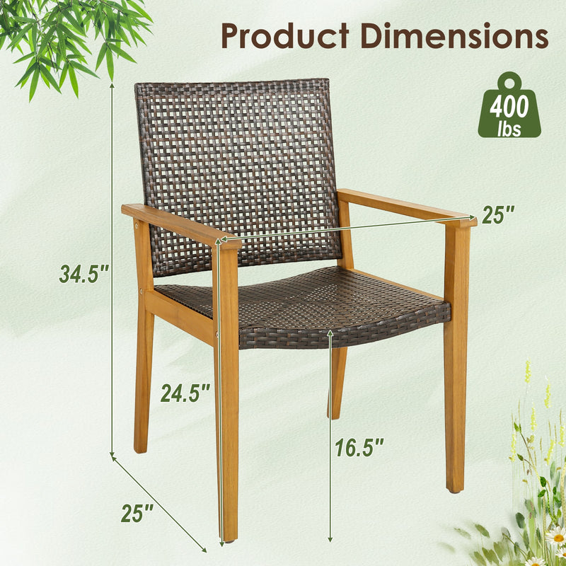 Costway - Set of 4 Outdoor Rattan Chair with Sturdy Acacia Wood Frame-Set of 4
