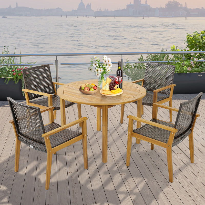 Costway - Set of 4 Outdoor Rattan Chair with Sturdy Acacia Wood Frame-Set of 4