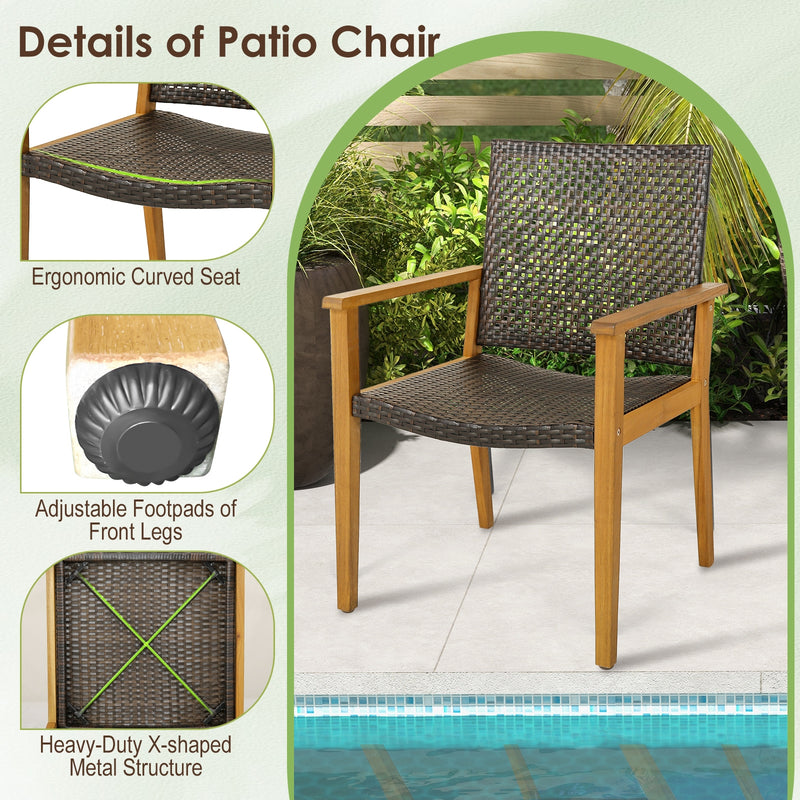 Costway - Set of 4 Outdoor Rattan Chair with Sturdy Acacia Wood Frame-Set of 4