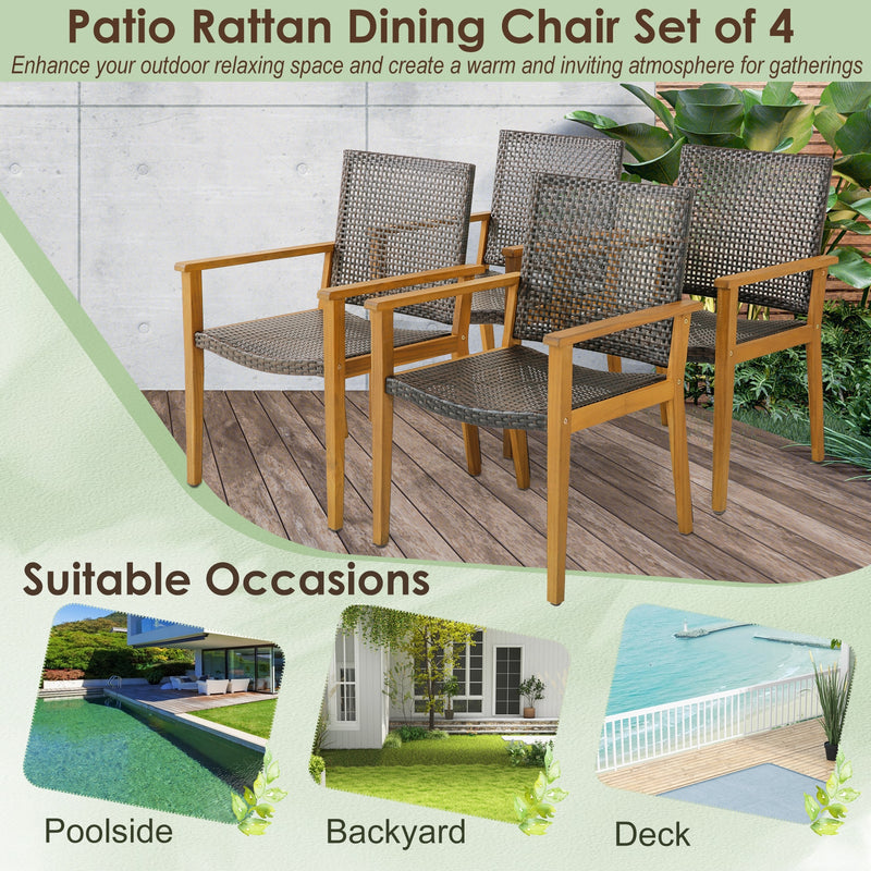 Costway - Set of 4 Outdoor Rattan Chair with Sturdy Acacia Wood Frame-Set of 4