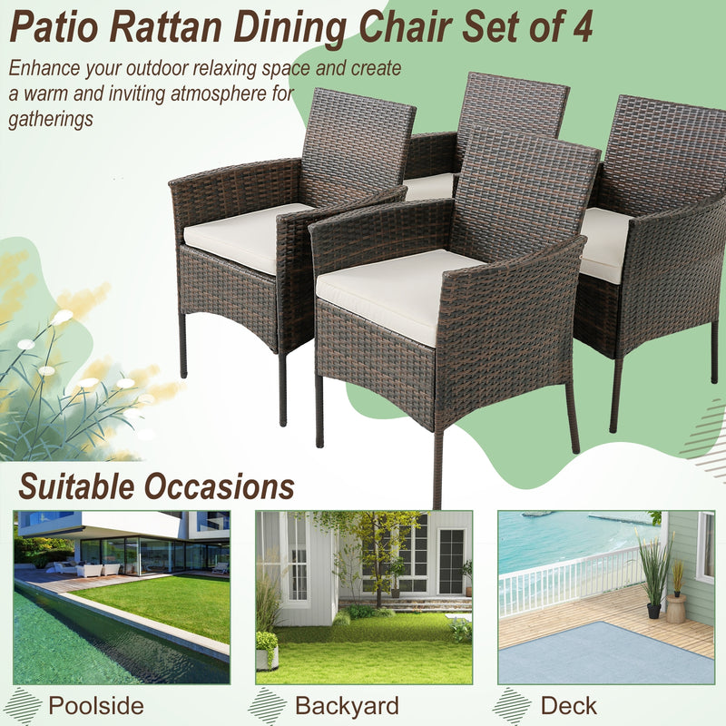 Costway - Set of 4 Patio PE Wicker Dining Chairs with Seat Cushions and Armrests-Set of 4