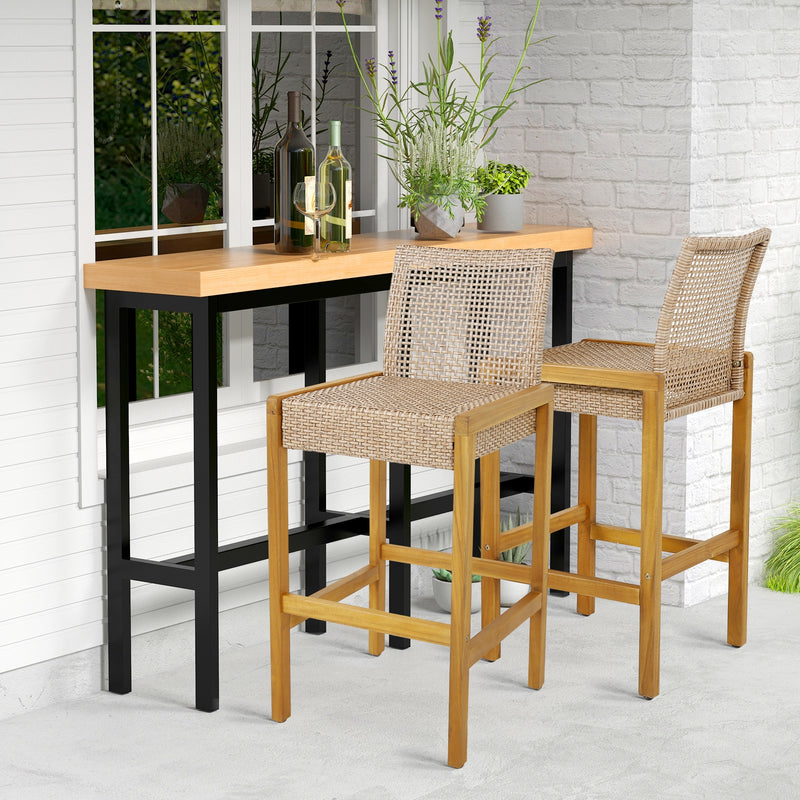 Costway - Set of 2 Rattan Patio Wood Barstools Dining Chairs with Backrest-Set of 2