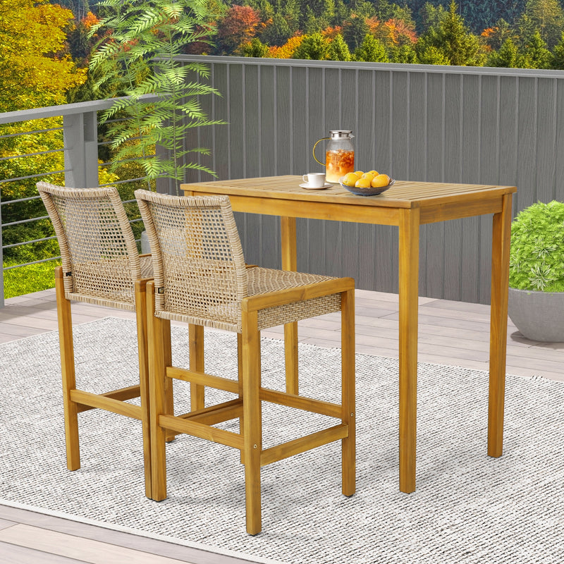 Costway - Set of 2 Rattan Patio Wood Barstools Dining Chairs with Backrest-Set of 2