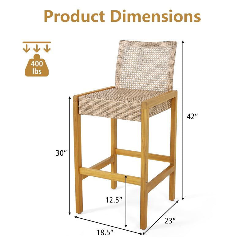 Costway - Set of 2 Rattan Patio Wood Barstools Dining Chairs with Backrest-Set of 2