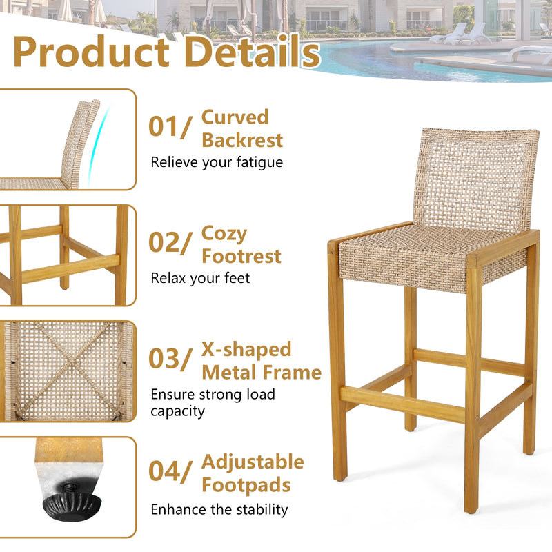Costway - Set of 2 Rattan Patio Wood Barstools Dining Chairs with Backrest-Set of 2