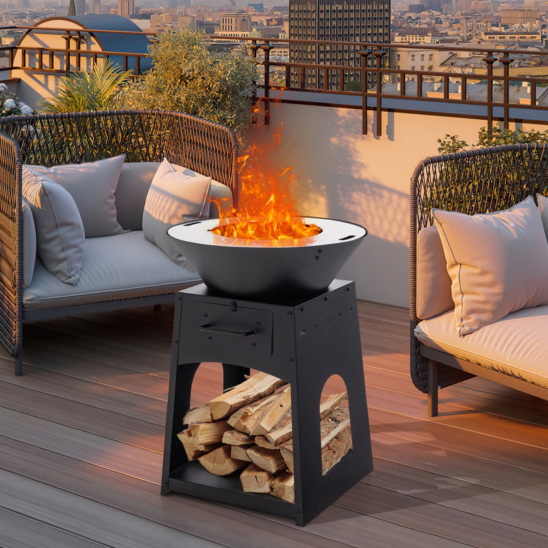 Costway - Patio Fire Pit with Firewood Log Rack with Grill and Ash Box-Black