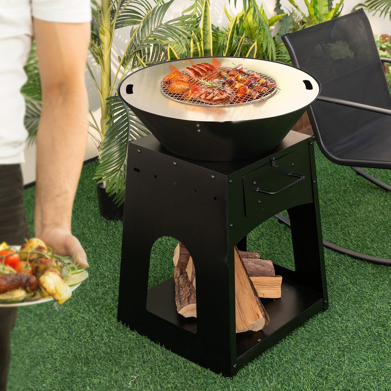 Costway - Patio Fire Pit with Firewood Log Rack with Grill and Ash Box-Black