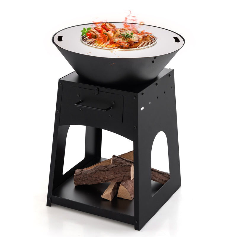 Costway - Patio Fire Pit with Firewood Log Rack with Grill and Ash Box-Black