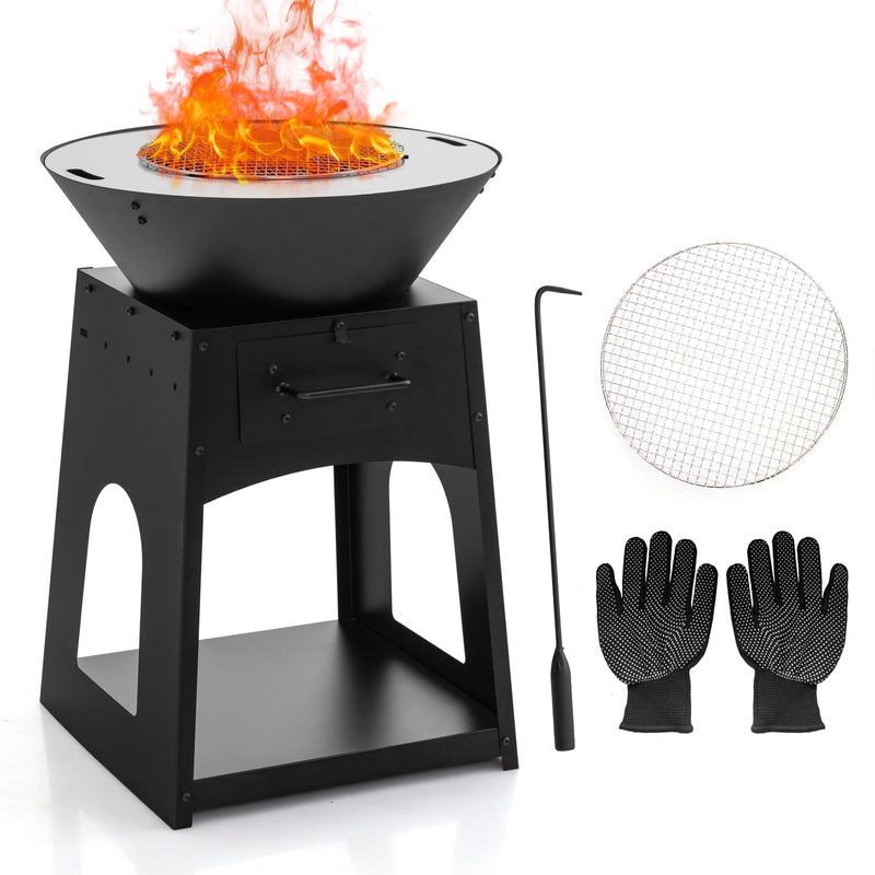 Costway - Patio Fire Pit with Firewood Log Rack with Grill and Ash Box-Black