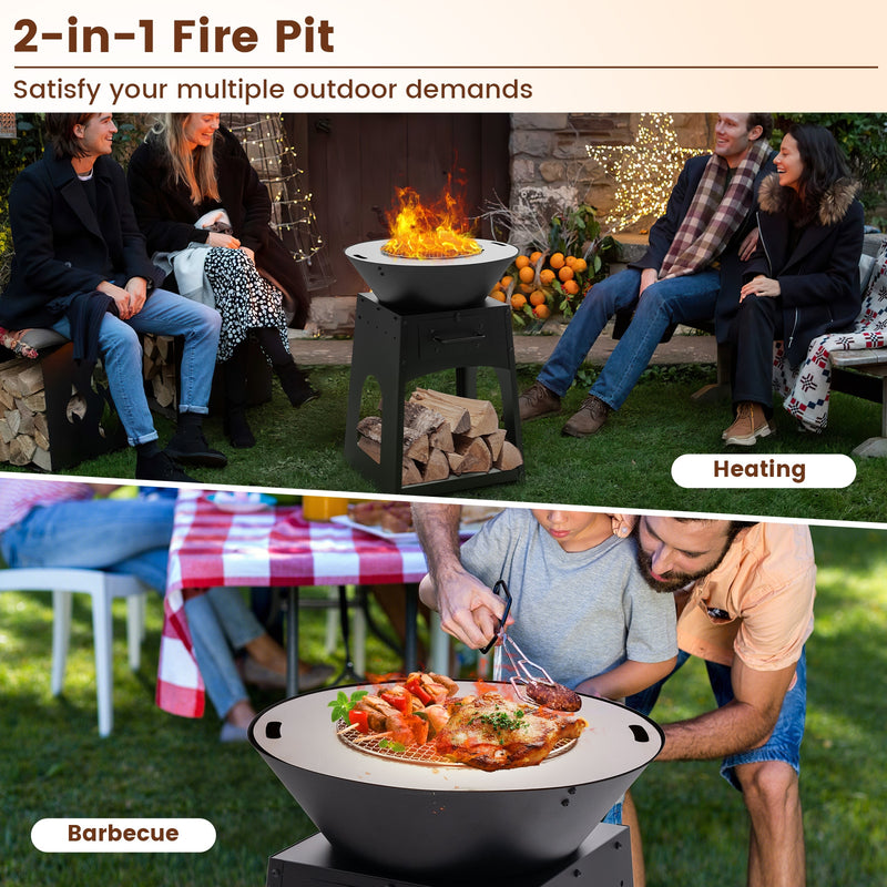 Costway - Patio Fire Pit with Firewood Log Rack with Grill and Ash Box-Black