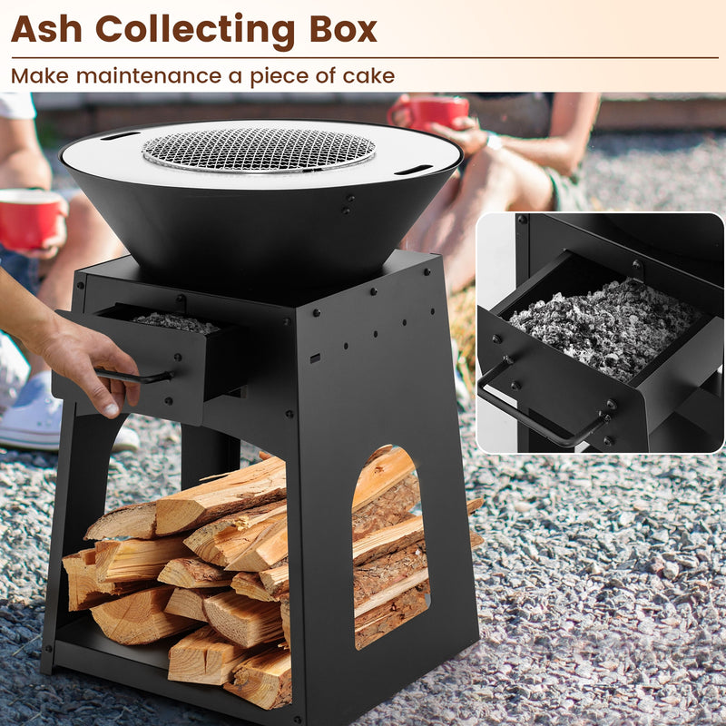 Costway - Patio Fire Pit with Firewood Log Rack with Grill and Ash Box-Black