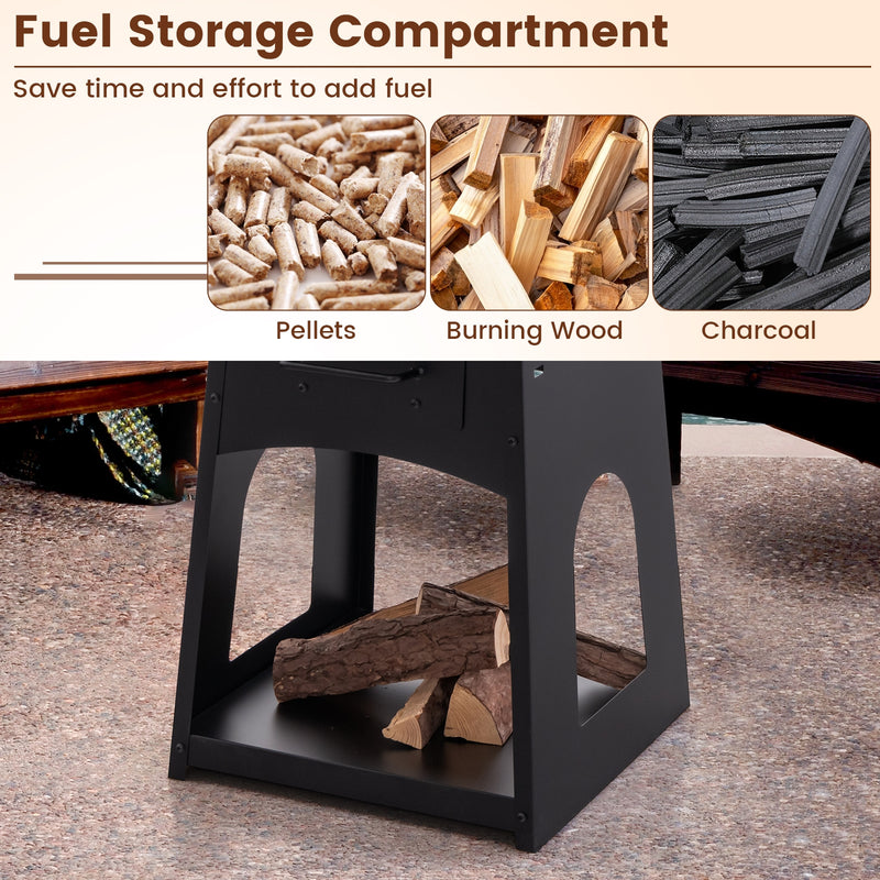 Costway - Patio Fire Pit with Firewood Log Rack with Grill and Ash Box-Black