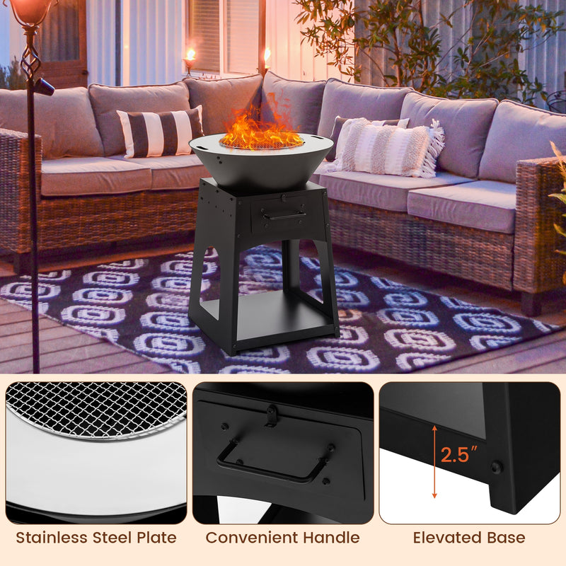 Costway - Patio Fire Pit with Firewood Log Rack with Grill and Ash Box-Black