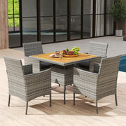 Costway - 5 Pieces PE Wicker Patio Dining Set Outdoor Acacia Wood Table and Chairs-Black