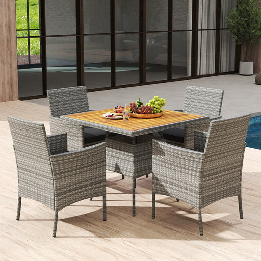 Costway - 5 Pieces PE Wicker Patio Dining Set Outdoor Acacia Wood Table and Chairs-Black