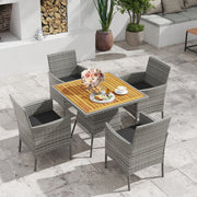 Costway - 5 Pieces PE Wicker Patio Dining Set Outdoor Acacia Wood Table and Chairs-Black