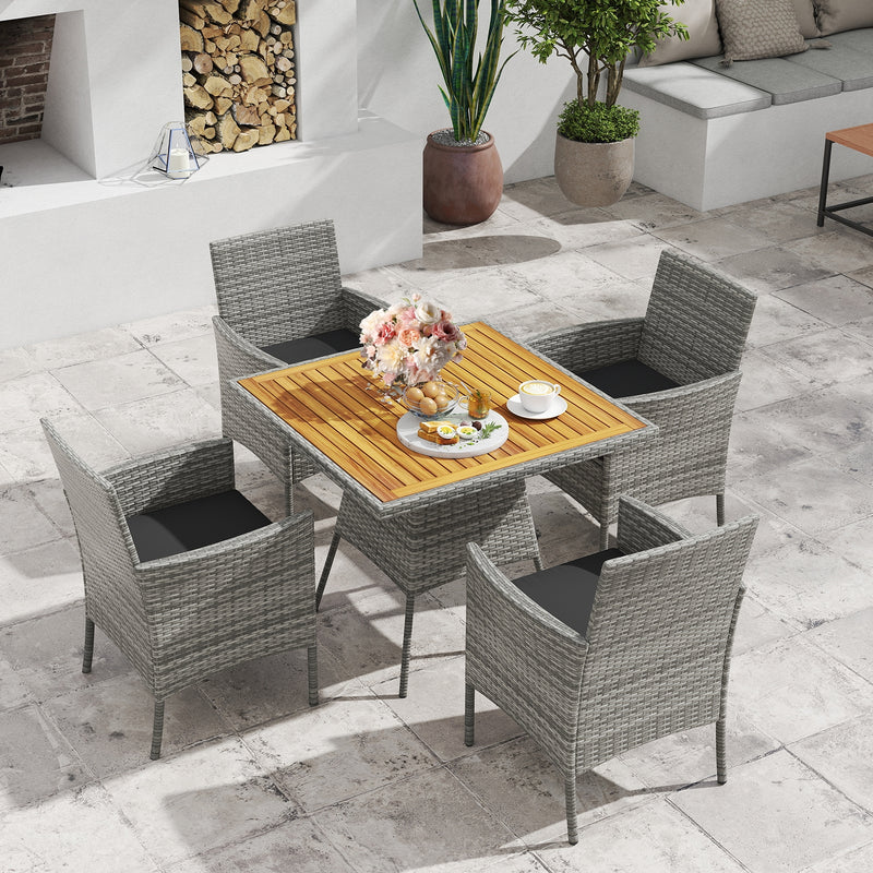 Costway - 5 Pieces PE Wicker Patio Dining Set Outdoor Acacia Wood Table and Chairs-Black
