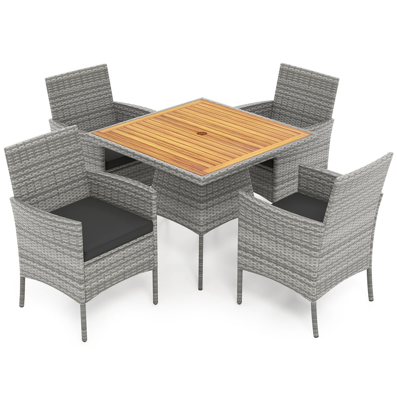 Costway - 5 Pieces PE Wicker Patio Dining Set Outdoor Acacia Wood Table and Chairs-Black