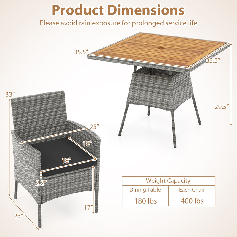 Costway - 5 Pieces PE Wicker Patio Dining Set Outdoor Acacia Wood Table and Chairs-Black