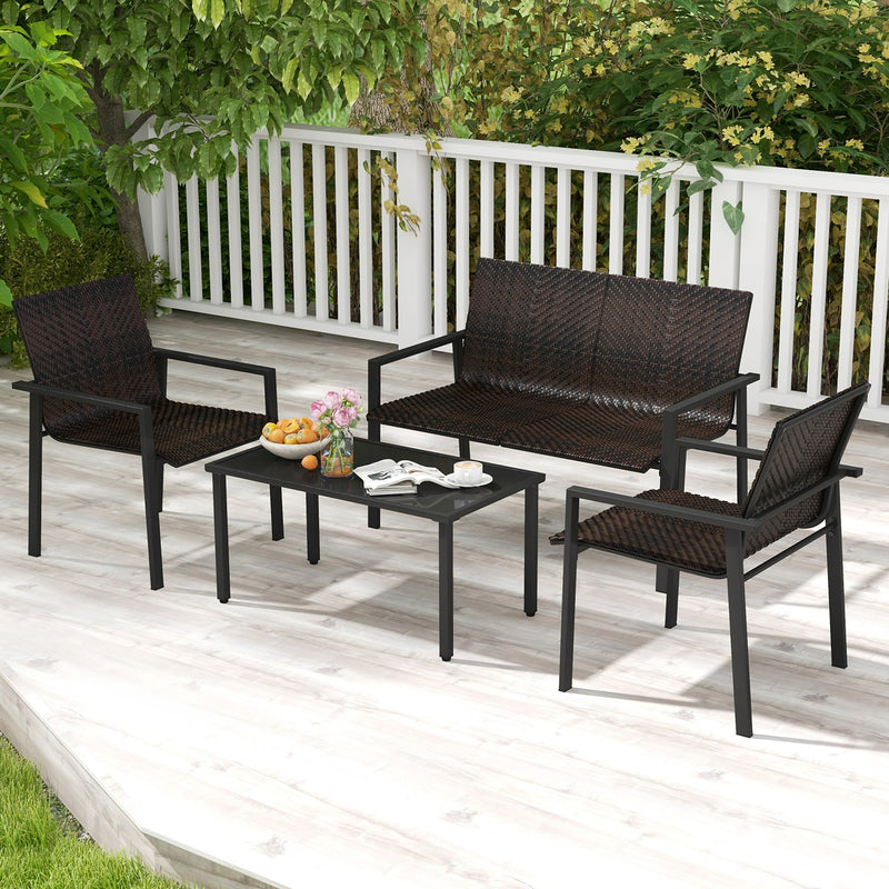 Costway - 4 Pieces Patio Furniture Set with Heavy Duty Galvanized Metal Frame-Brown