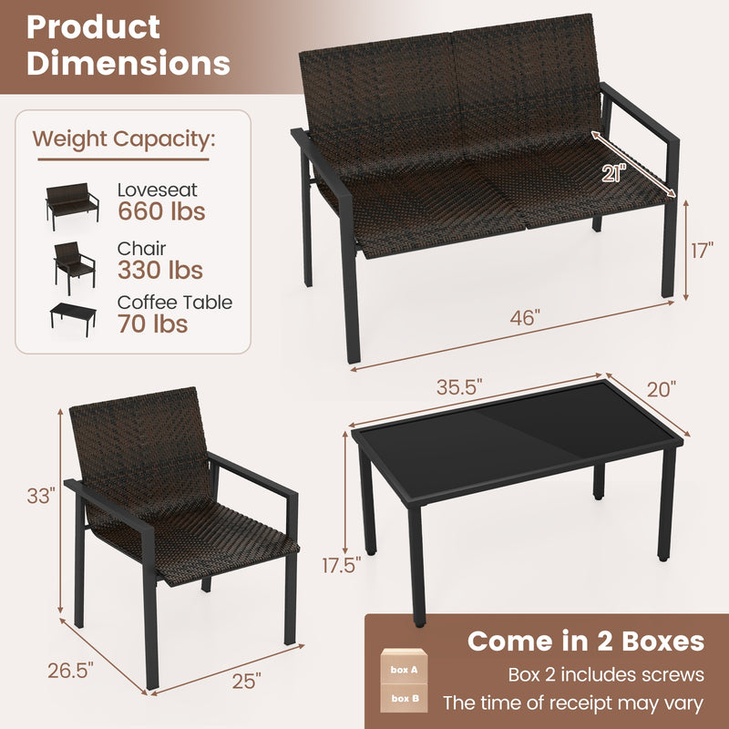 Costway - 4 Pieces Patio Furniture Set with Heavy Duty Galvanized Metal Frame-Brown