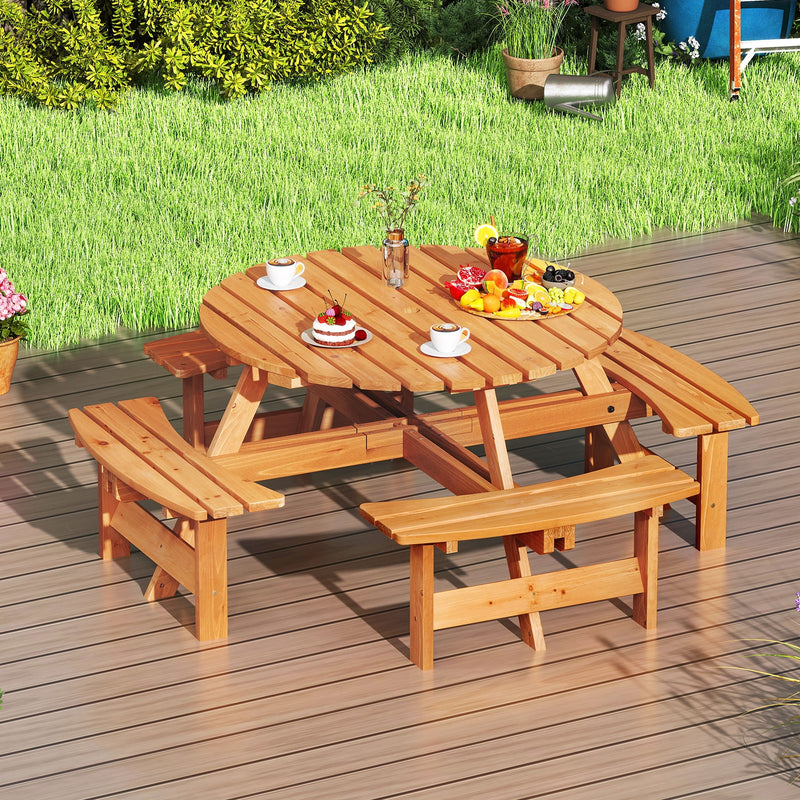 Costway - 8-Person Round Picnic Table Set Circular Patio Dining Camping Table with Benches-Yellow