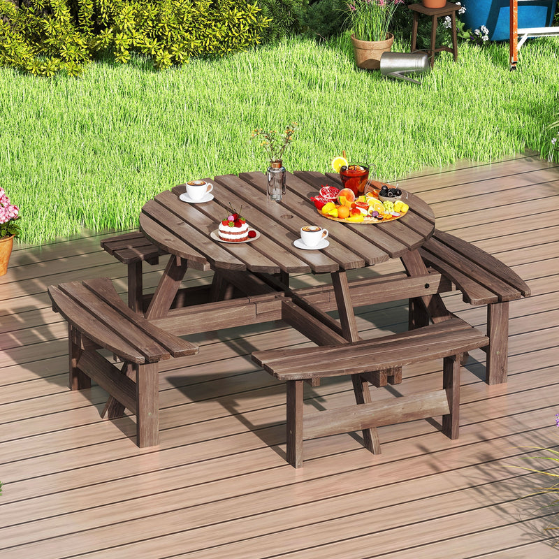 Costway - 8-Person Round Picnic Table Set Circular Patio Dining Camping Table with Benches-Brown