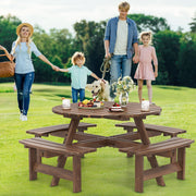 Costway - 8-Person Round Picnic Table Set Circular Patio Dining Camping Table with Benches-Brown