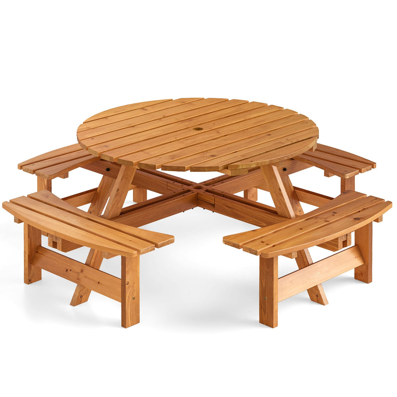 Costway - 8-Person Round Picnic Table Set Circular Patio Dining Camping Table with Benches-Yellow