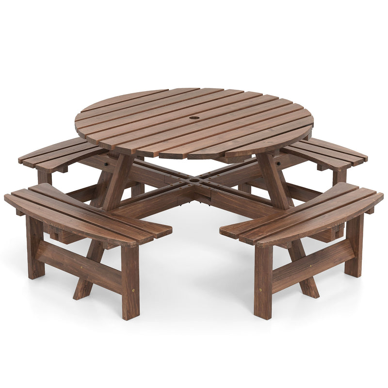 Costway - 8-Person Round Picnic Table Set Circular Patio Dining Camping Table with Benches-Brown