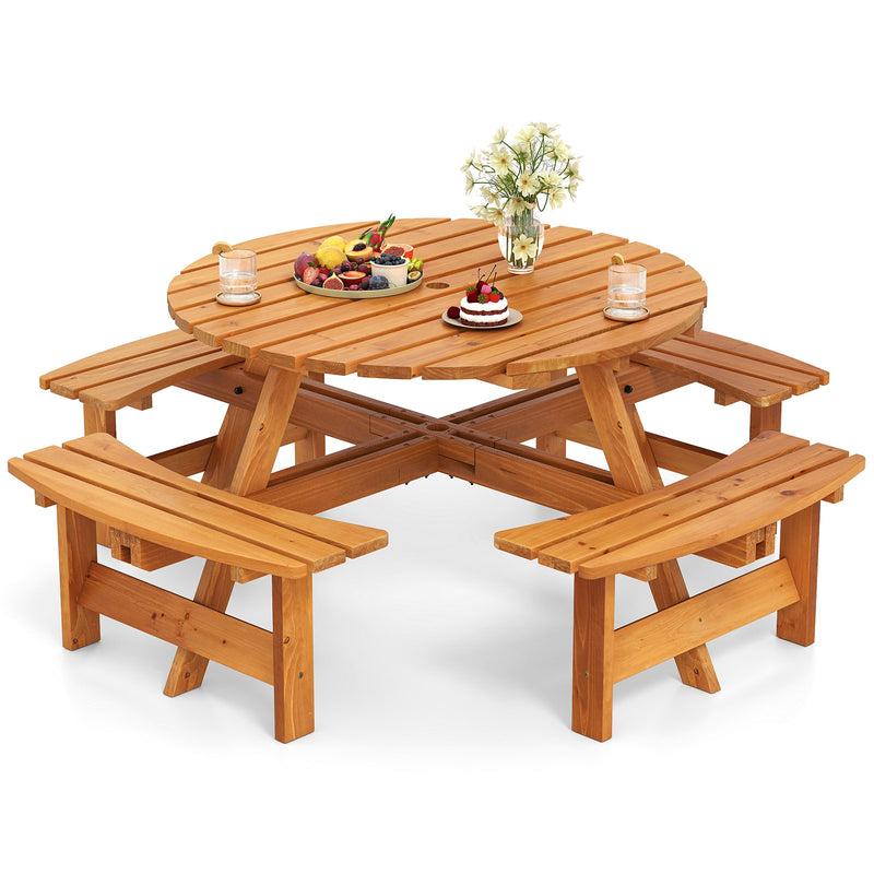 Costway - 8-Person Round Picnic Table Set Circular Patio Dining Camping Table with Benches-Yellow
