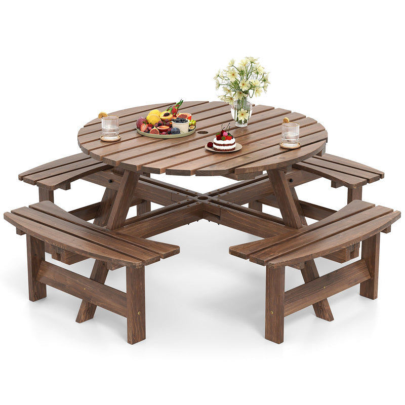 Costway - 8-Person Round Picnic Table Set Circular Patio Dining Camping Table with Benches-Brown