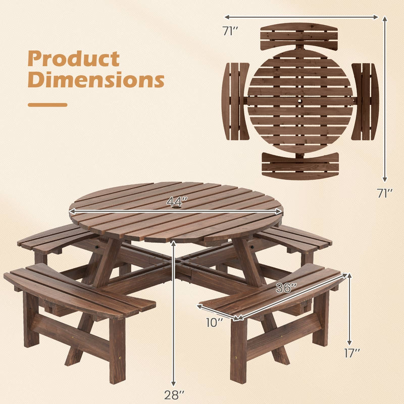 Costway - 8-Person Round Picnic Table Set Circular Patio Dining Camping Table with Benches-Brown