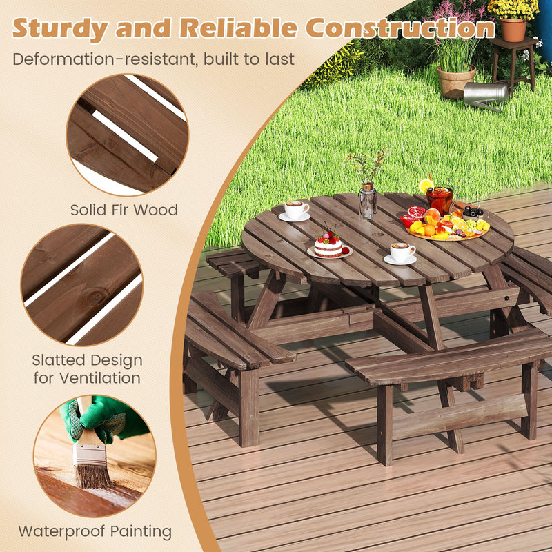 Costway - 8-Person Round Picnic Table Set Circular Patio Dining Camping Table with Benches-Brown