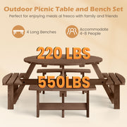 Costway - 8-Person Round Picnic Table Set Circular Patio Dining Camping Table with Benches-Brown