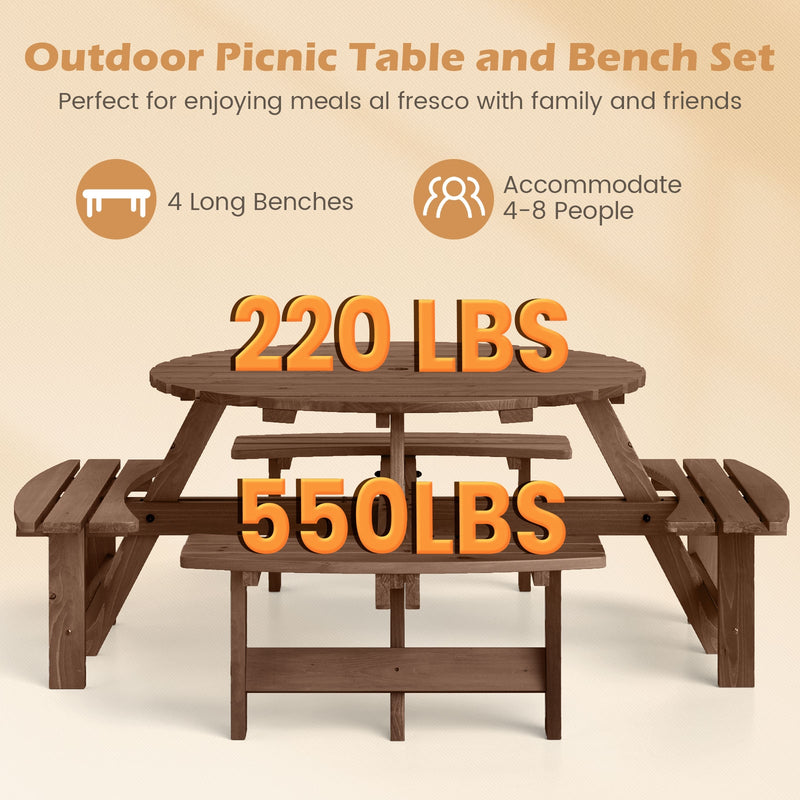 Costway - 8-Person Round Picnic Table Set Circular Patio Dining Camping Table with Benches-Brown