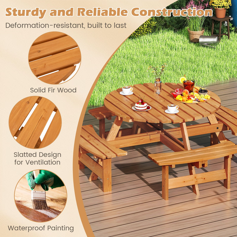Costway - 8-Person Round Picnic Table Set Circular Patio Dining Camping Table with Benches-Yellow