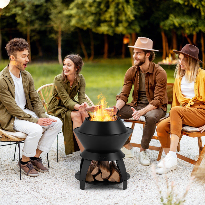 Costway - 20 Inch Patio Fire Pit Metal Camping Fire Bowl with Pot Holder and Storage Shelf-Black