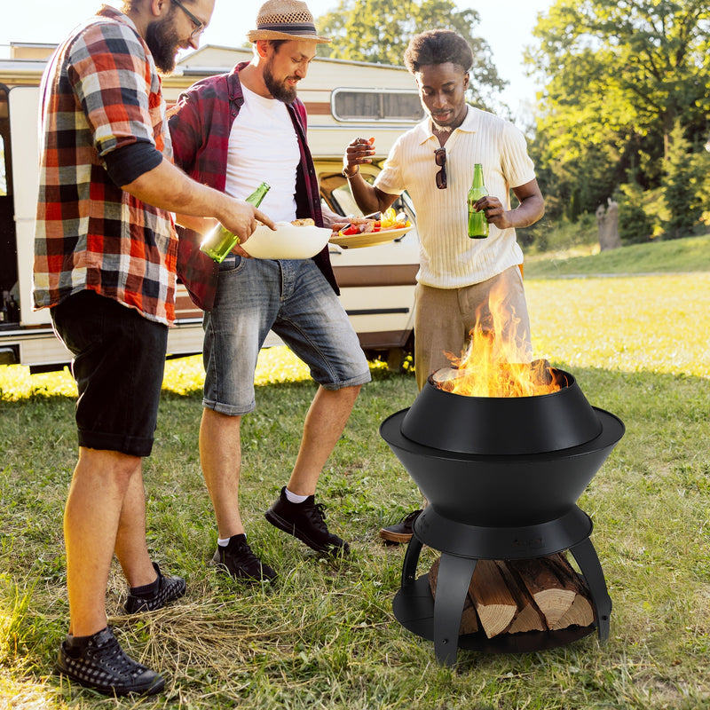 Costway - 20 Inch Patio Fire Pit Metal Camping Fire Bowl with Pot Holder and Storage Shelf-Black
