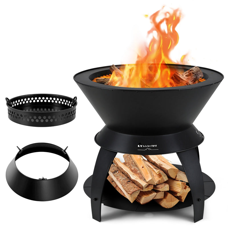 Costway - 20 Inch Patio Fire Pit Metal Camping Fire Bowl with Pot Holder and Storage Shelf-Black