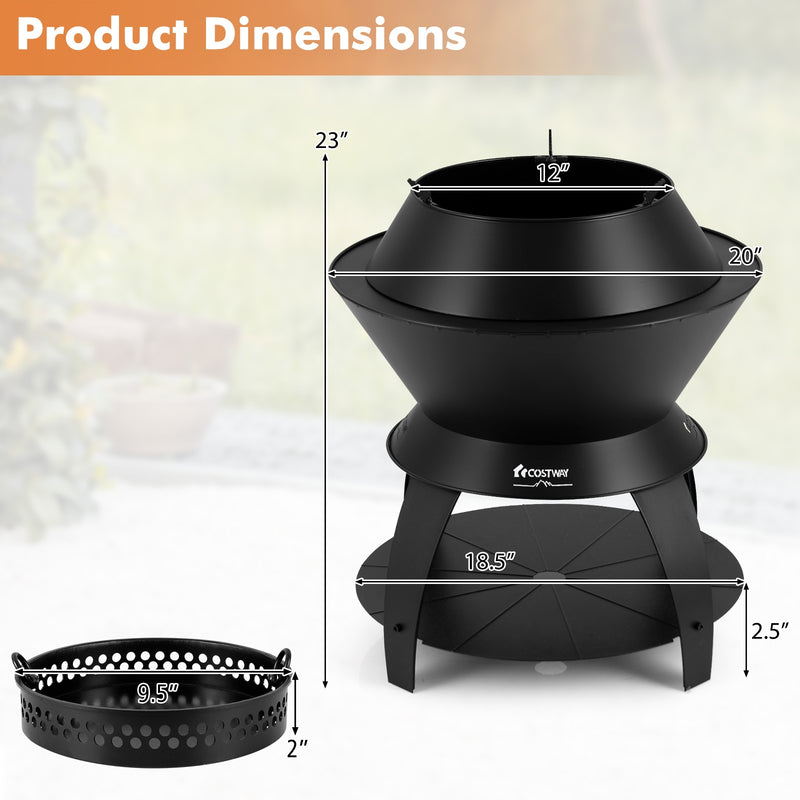 Costway - 20 Inch Patio Fire Pit Metal Camping Fire Bowl with Pot Holder and Storage Shelf-Black
