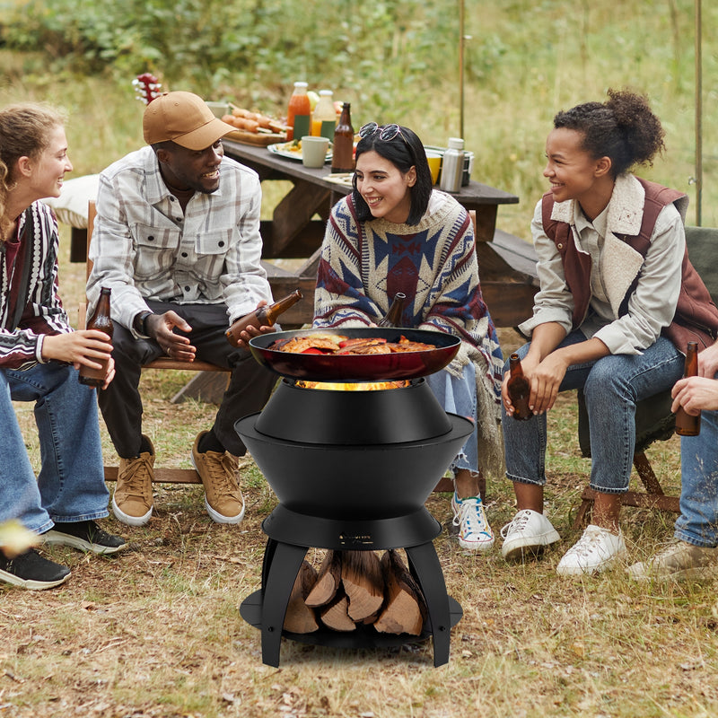 Costway - 20 Inch Patio Fire Pit Metal Camping Fire Bowl with Pot Holder and Storage Shelf-Black