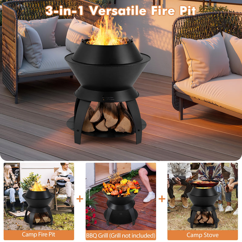 Costway - 20 Inch Patio Fire Pit Metal Camping Fire Bowl with Pot Holder and Storage Shelf-Black